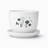 White Ceramic Planter with Deer Forest Print