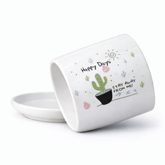 Happy Days Cactus Print Ceramic Planter with Tray – Funny Desk Decor Plant Pot