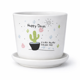 Happy Days Cactus Print Ceramic Planter with Tray – Funny Desk Decor Plant Pot