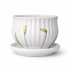 White Textured Ceramic Flower Pot with Tray – Floral Design