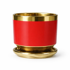 Red and Gold Ceramic Plant Pot with Tray – Decorative Indoor Planter