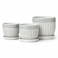 Ceramic Flower Pot Set of 3 with Tray – Embossed Floral Design (White)