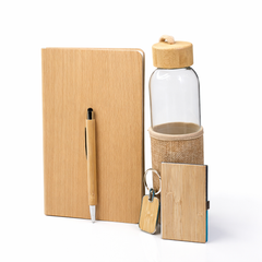 Eco-Friendly Bamboo Corporate Gift Set with Notebook, Pen, Glass Bottle, Card Holder & Keychain