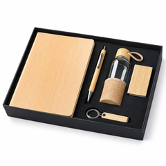 Eco-Friendly Bamboo Corporate Gift Set with Notebook, Pen, Glass Bottle, Card Holder & Keychain