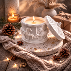 White Ceramic Horse Design Soy Wax Candle, Decorative Jar with Embossed Pattern and Removable Lid, Home Decor and Aromatherapy