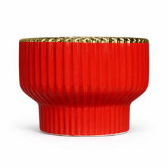 Red Ribbed Ceramic Flower Pot with Gold Rim