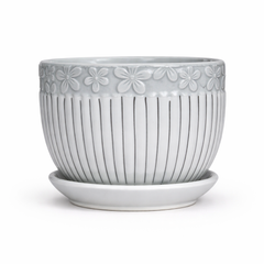 6 Inch White Embossed Floral Ceramic Flower Pot with Tray