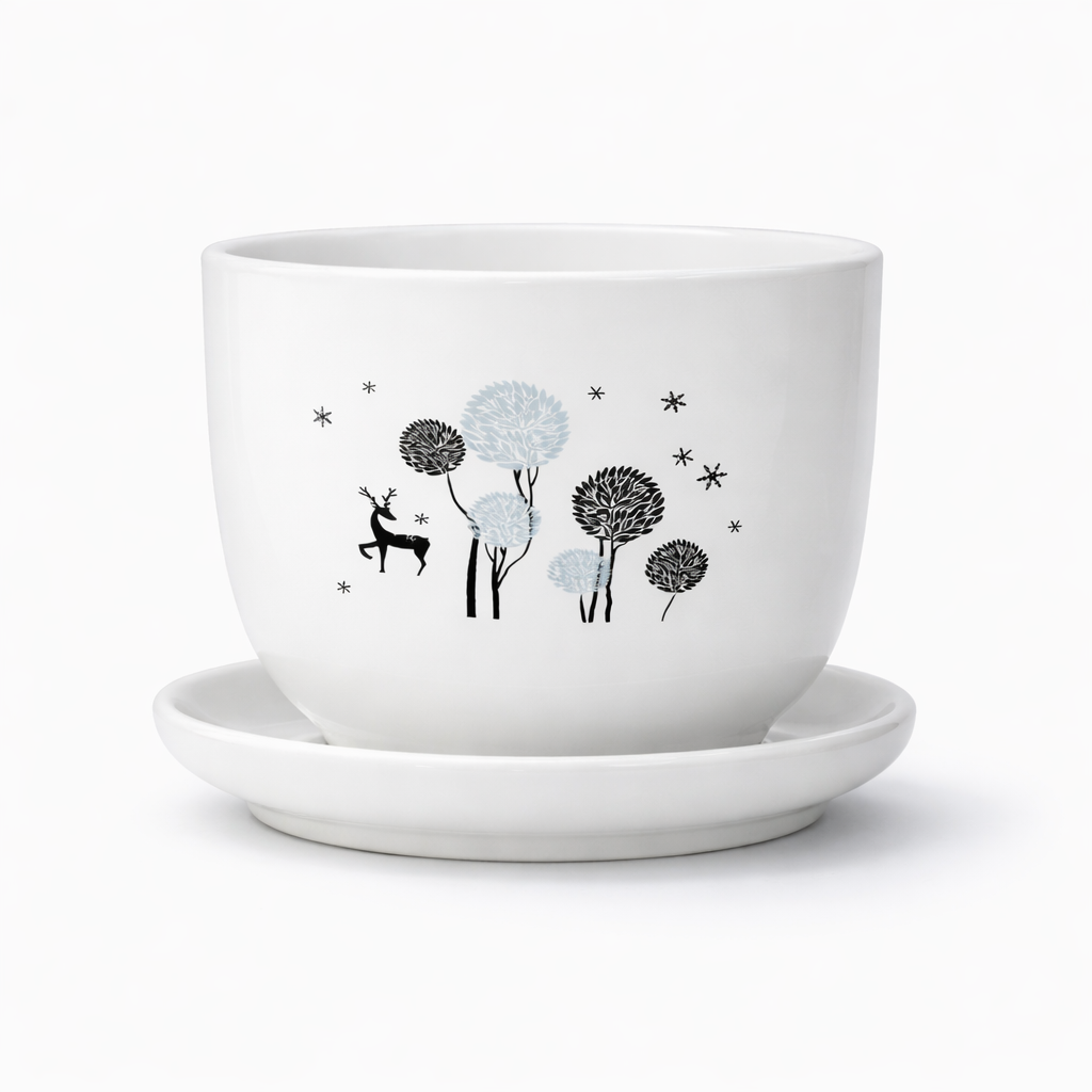 White Ceramic Planter with Deer Forest Print