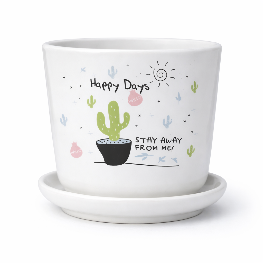 Happy Days Cactus Print Ceramic Planter with Tray – Funny Desk Decor Plant Pot