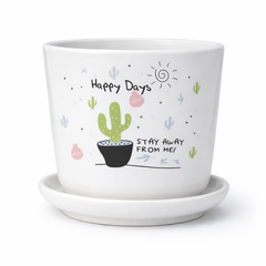 Happy Days Cactus Print Ceramic Planter with Tray – Funny Desk Decor Plant Pot