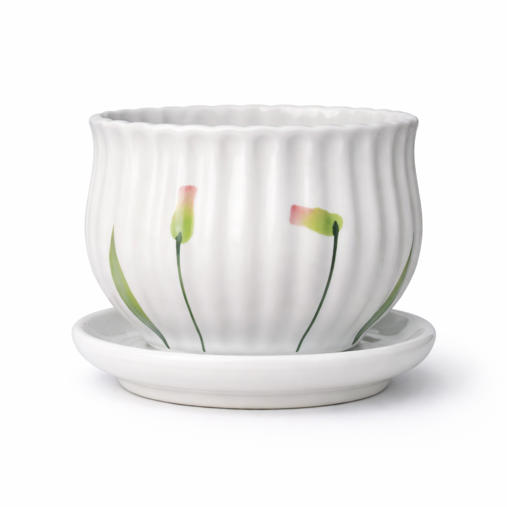 White Textured Ceramic Flower Pot with Tray – Floral Design
