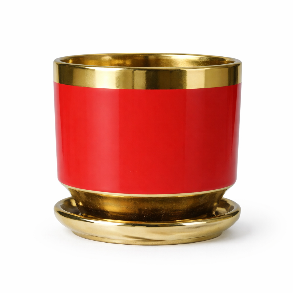 Red and Gold Ceramic Plant Pot with Tray – Decorative Indoor Planter