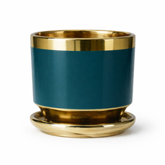 Teal and Gold Ceramic Plant Pot with Tray – Decorative Indoor Planter