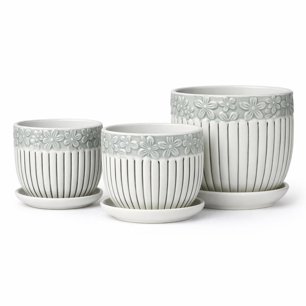 Ceramic Flower Pot Set of 3 with Tray – Embossed Floral Design (White)