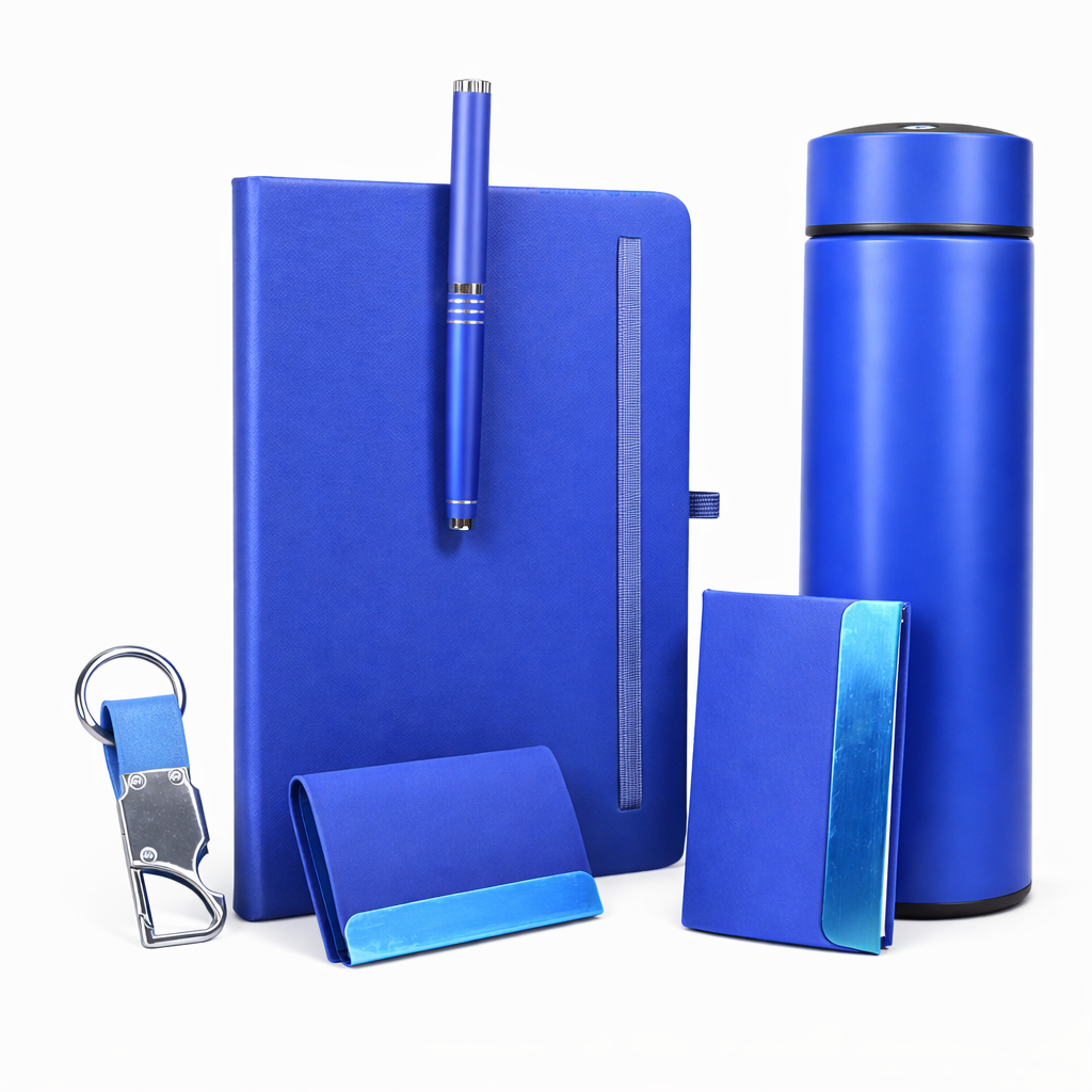Premium Royal Blue Corporate Gift Set with Diary, Pen, Stainless Steel Bottle, Card Holder & Keychain