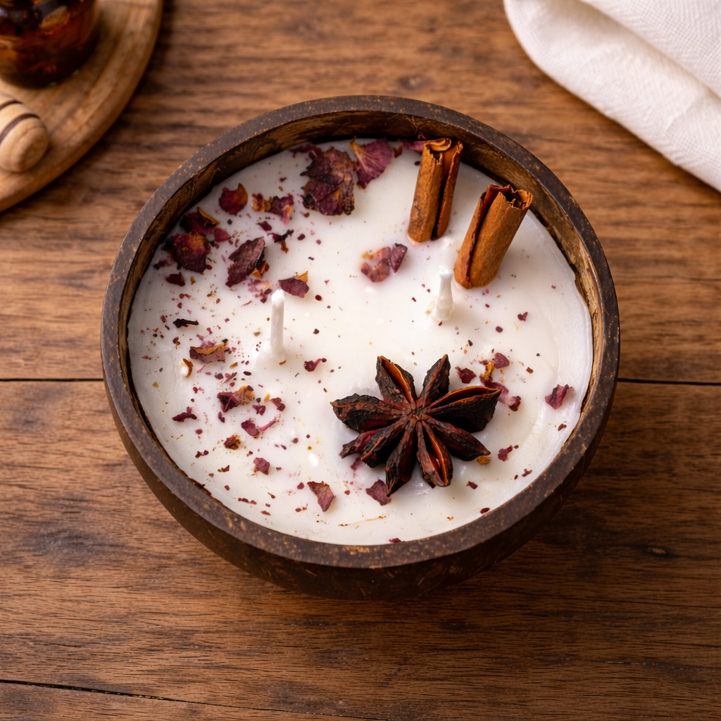 Candle by DD Natural Soy Wax Candle in Coconut Shell – Handmade, Eco-Friendly, Aromatherapy Spice Candle with Cinnamon, Clove & Star Anise – Organic, Gift-Ready